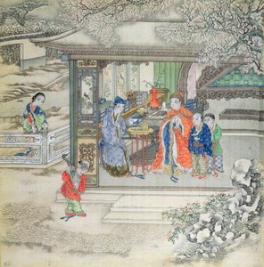 Scene in a garden with a family receiving visitors