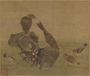 Sparrows feeding their young, Ming or Qing Dynasty