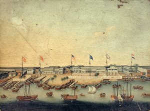 View of the Hongs at Canton with the Danish, Austrian, American, Swedish, British and Dutch factories