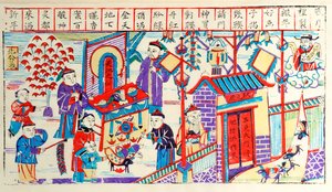 Woodblock print showing the activity of a Chinese household during a festival by Chinese School