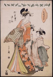 Full-Length Portrait of the Courtesan Somenosuke with Two Kamuro by Chobunsai Eishi