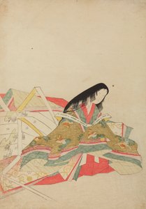 Lady of the Court Sitting in a Robe with Hoo Bird Pattern, Plate from the Album: Nishiki-zuri onna sanju rokkasen e-zukushi by Chobunsai Eishi