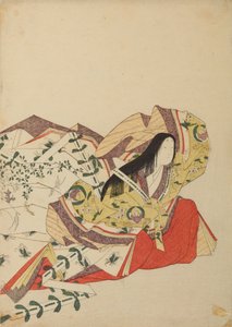 Lady of the Court Sitting with Hand Raised Above Head, Plate from Album: Thirty-Six Poetesses / Nishiki-zuri onna rokkasen e-zukushi