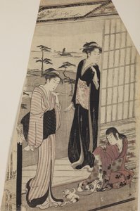 Two Women and a Girl with a Kitten on the Doorstep by Chobunsai Eishi