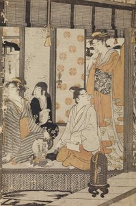 Two Women, a Young Man, and a Girl in a House Interior by Chobunsai Eishi