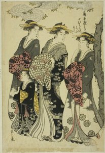 Komurasaki of the Kadotamaya with Attendants Hatsune and Shirabe by Chobunsai Eishi