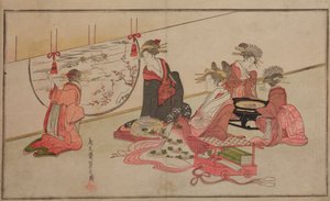 Courtesans Sitting Inside by an Oval Window with a Winter Landscape by Chobunsai Eishi
