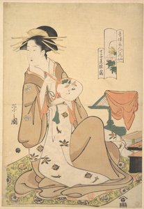 The Oiran Hinazuru of Chōjiya Holding a Round Fan by Chobunsai Eishi