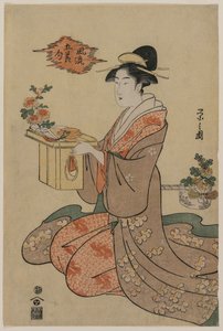 Woman Holding a Wooden Cup Stand Decorated with Chrysanthemums by Chobunsai Eishi