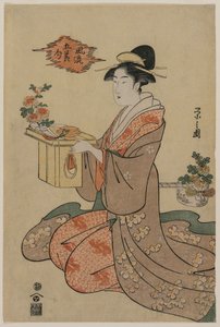 Woman Holding a Wooden Cup Stand Decorated with Chrysanthemums, mid 1790s by Chobunsai Eishi