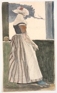 Young Girl Knitting in Salling Costume, Looking Out of a Window by Christen Dalsgaard