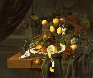 A Peeled Lemon, Oranges and Grapes in a Dish by Christiaan Luykx or Luycks