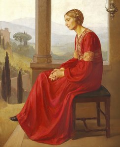 A Woman in a Red Dress Sitting on a Terrace in an Italian Landscape