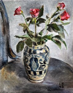 Pink Roses In A Painted Pot