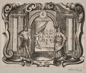 Emblem with Portal, Man and Woman, Cupid and Two Burning Hearts by Christian Rothgiesser