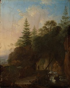 Mountain Landscape with Waterfall and Wooden Bridge by Christian Wilhelm Ernst Dietrich