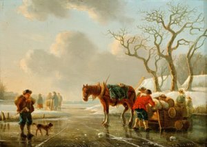 Winter Evening by the Frozen River by Christoffel Albertus Vos