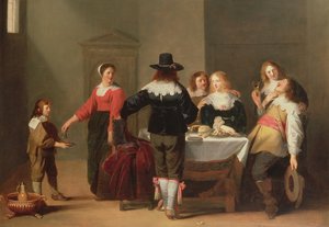 A Guardroom Interior with Soldiers Eating and Drinking in Female Company