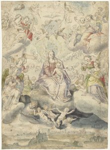 Mary and Child on the Clouds Among Angels and Cherubs by Christoph Schwarz