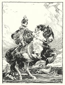 Woman in Tudor costume hunting on horseback by Christopher (after) Clark