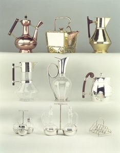 Oriental Coffee Pot, Benham & Froud, c.1888; Japanese Rivetted Square Teapot, Benham & Froud, c.1888; Claret Jug, Richard Perry, Son & Co., c.1880