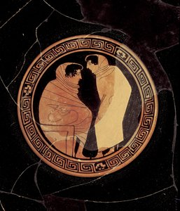 Attic red-figure kylix depicting a conversation between two male figures, c.450 BC (detail)