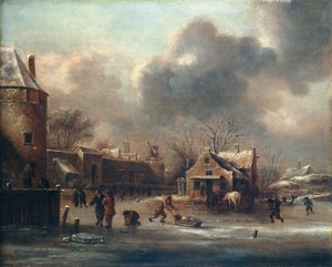 Skating Scene: Figures On The Ice Near The Walls Of A Town