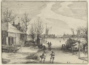 Shipyard on a Frozen Canal by Claes Jansz. Visscher (II)