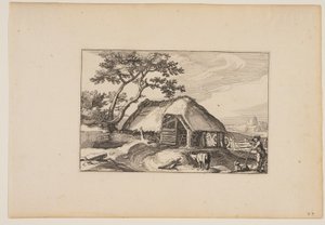 Barn, Herd Resting on his Stick in Right Foreground, from Landscapes by Claes Jansz. Visscher