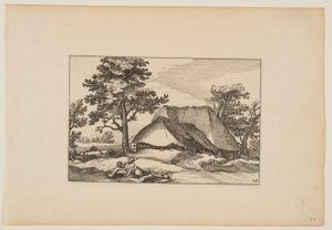 Barns, Resting Herd and Dog in Centre Foreground, from Landscapes by Claes Jansz. Visscher