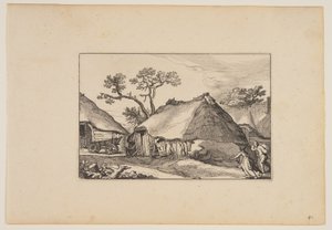 Two Barns, Cart at Left, from Landscapes by Claes Jansz. Visscher