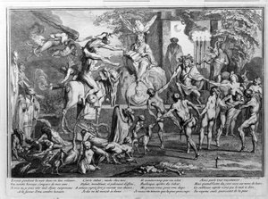 Sabbath Ceremony, Demons, Witches and Monstrous Creatures Dancing. Engraving by Gillet