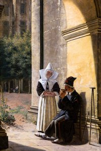 A soldier cared for by a nun in a cloister