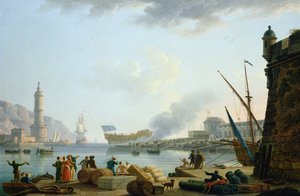 The Launch of the Warship at the Mouth of a Port by Claude Joseph Vernet