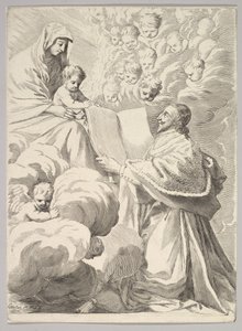 Cardinal Richelieu, Kneeling, Presents His Book to the Virgin and Child, ca. 1646 by Claude Mellan