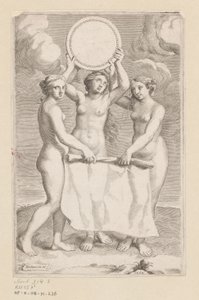 Three Graces with a Medallion (Title Page for: Balthazar de Vias, Charitum libri tres, 1660) by Claude Mellan
