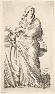 Robed Woman Standing Next to a Plinth, Her Right Hand Bears a Palm Branch, a Harp by Claude Mellan