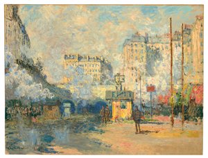 Exterior of Saint-Lazare station, sunlight effect by Claude Monet