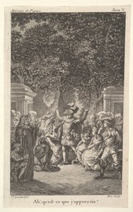 A young boy holds a torch under trees in a garden, at center a man raises both arms by Claude Nicolas Malapeau