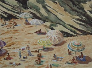 Beach, Rocks and Parasols by Clive Wilson