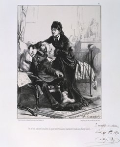 Franco-Prussian War 1870-1871: A wounded soldier being nursed and nourished. From a series of lithographs by Clement August Andrieux by Clément Auguste Andrieux