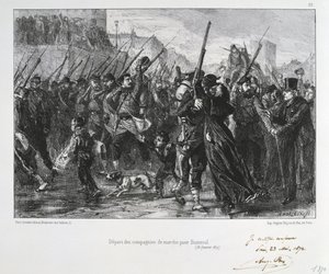 Franco-Prussian War 1870-1871: Battle of Buzenval (Mount Valerien) near Versailles 19 Jan 1871. Garde National marching to the battle and defeat. From a series of lithographs by Clement August Andrieux on the Gardes Nationales. by Clément Auguste Andrieux