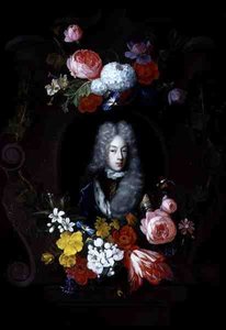 A Portrait of a Man Surrounded by a Garland of Flowers by Constantijn and Heem D.C.de Netscher