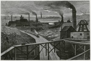 Coal mining and terrils (aspects of the contree boraine). Engraving by Constant Meunier, to illustrate the story 