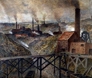 In the Black Country. Industrial Landscape of factories and chimneys. Painting by Constantin Meunier