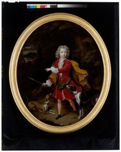 A portrait of a young man attended by a pair of hunting dogs in a wooded landscape by Constantin Netscher