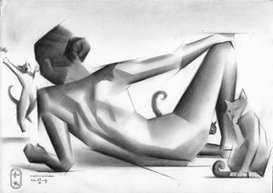 Geometric Woman and Cats by Corné Akkers