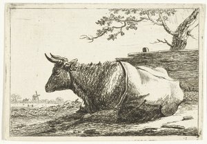 Landscape with Lying Cow with Blanket on Back by Cornelis  Bisschop