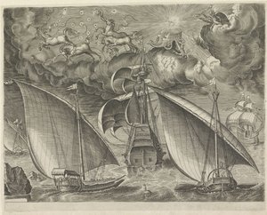 Two Galleys Behind a Three-Master, in the Sky the Fall of Phaethon (series title: Sailing Ships) by Cornelis Cort (possibly)