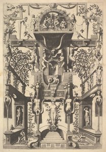 Fantastic Architecture Structure with Strapwork and Two Pergolas and a Small Scene with Vu by Cornelis Floris Ii